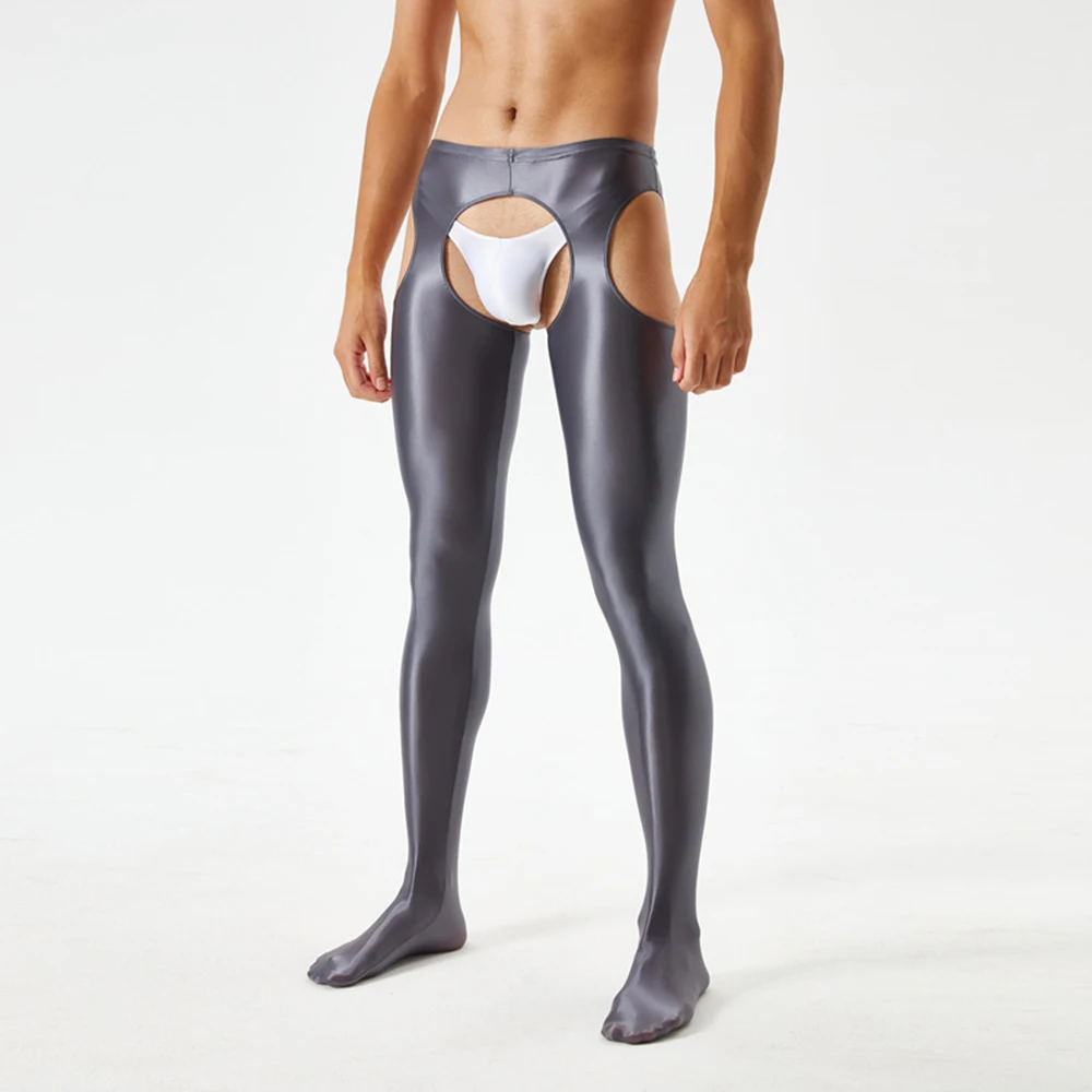 Men Women Sexy Sheer Oil Shiny Glossy Tights Leggings 4 Side Cutout Jumpsuit Crotchless Exposed Cock Open Butt Pantyhose Wetlook