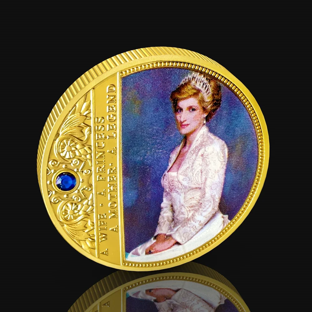 Gran Bretagna Del Regno Unito Principessa Galles Diana Moneta Commemorativa Inghilterra Argento Placcato Oro Medaglione Intarsiato Con Strass Blu