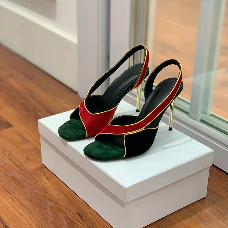 

2024 European Spring/Summer New Fashion Outwear Metal Slim Heel Slippers Women's Open Toe Colored Retro High Heel Sandals