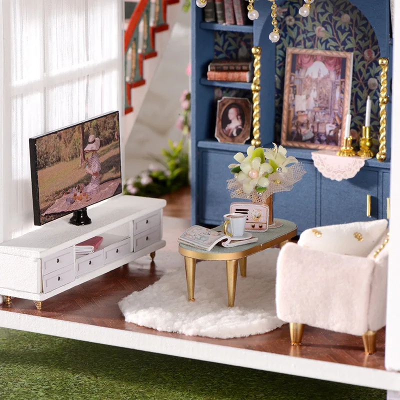 DIY Wooden Doll Houses Monet Garden Casa Miniature Model Kit Villa Dollhouse with Furniture Led Light for Friends Birthday Gifts 4