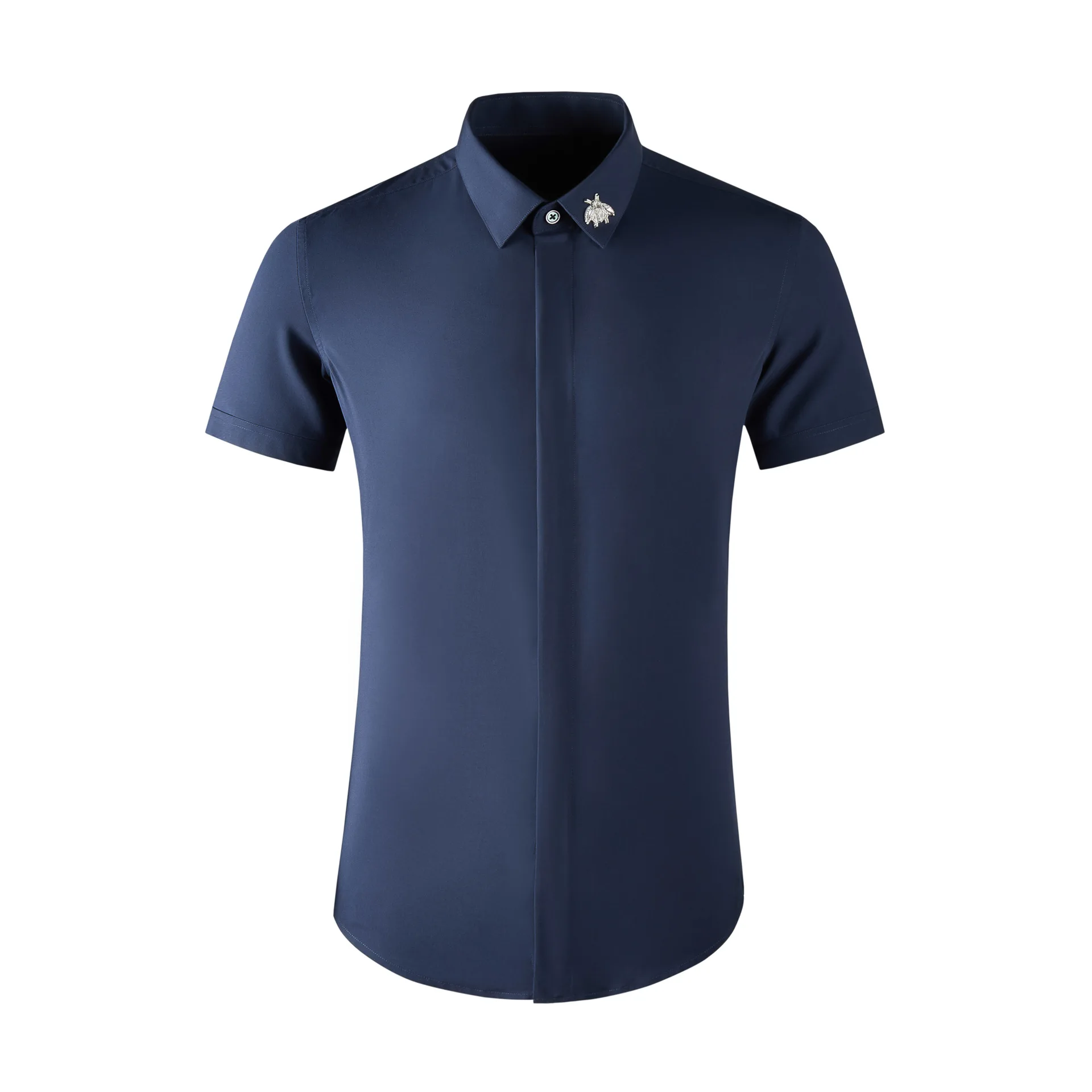 

High Quality Luxury Jewelry Design Double Button Down Collar Slim Fit Formal Short Sleeve Dress Shirt For Men