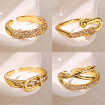 Pave Zirconia Geometric Belt Rings for Women Open Adjustable Gold Color Layered Ring Aesthetic Wedding Fashion Jewelry Gift