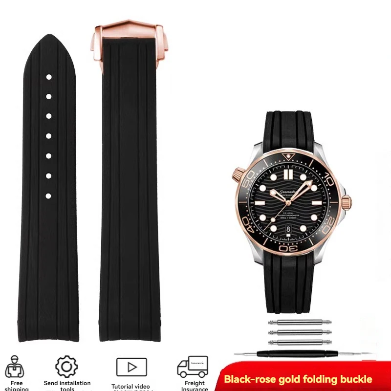 thumbnail image 1 of Correa de caucho fluorado FKM suave con extremo curvo de 20 mm para reloj de silicona Seiko, correa de reloj Omega Seamaster 300 AT150, negra y azul, 1 of 5