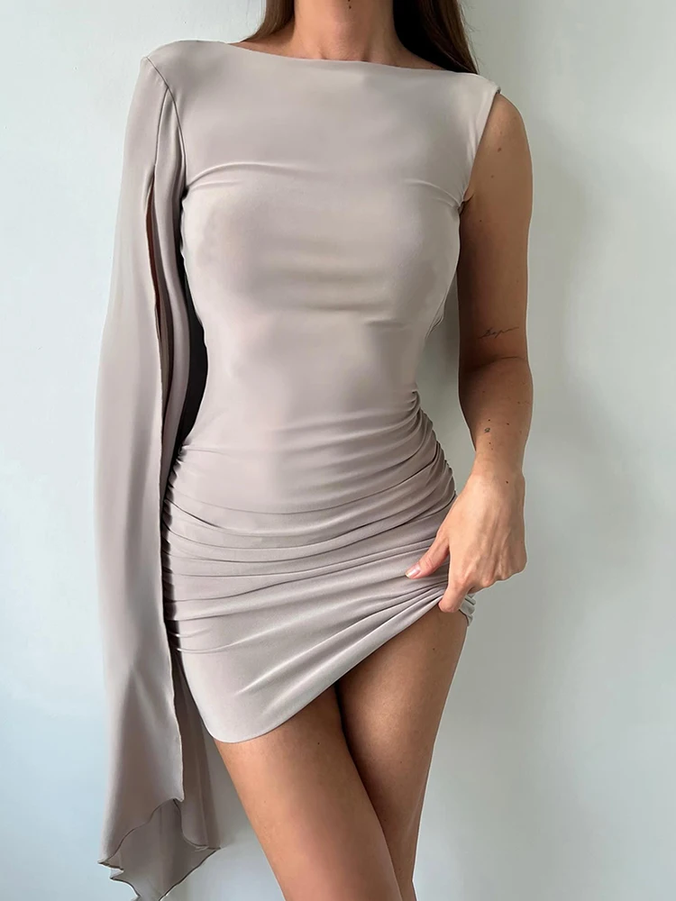 Nibber Fashion Sexy Backless Mini Dress Woman o-Neck One Shoulder Splits Sleeve Design Skinny Peach Hip Hot Girls Street Bodycon