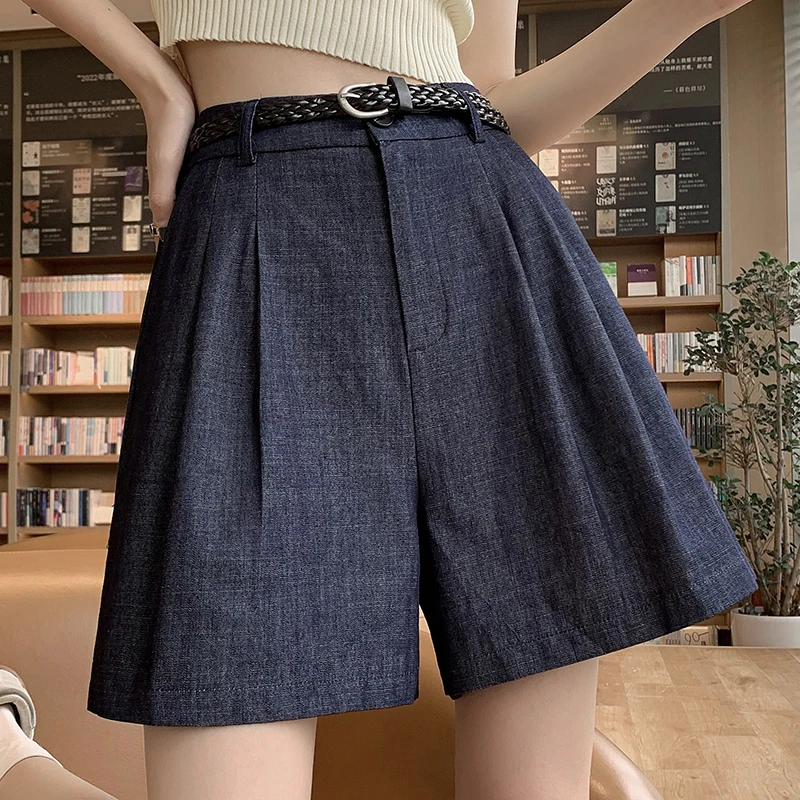 QOERLIN Vintage with Belt Denim Shorts Women 2024 New High Waist Wide Leg Blue Jeans Shorts Pocket Summer Thin Shorts Girls