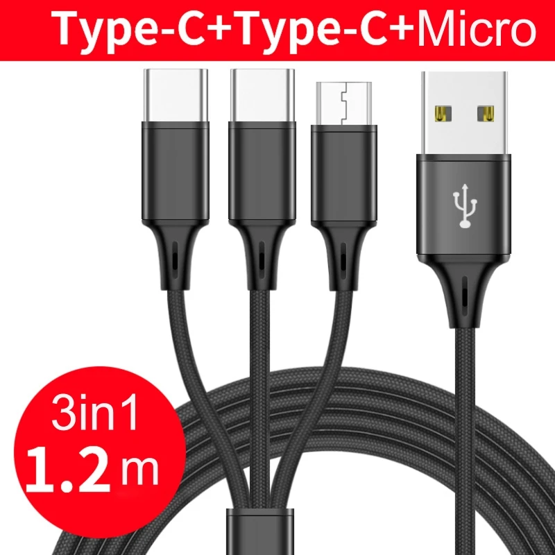 

Quick Charging USB to 2xType-C & 1xMicro USB Cable Cord Power Supply Line 3-in-1 Nylon Braided Wire Black