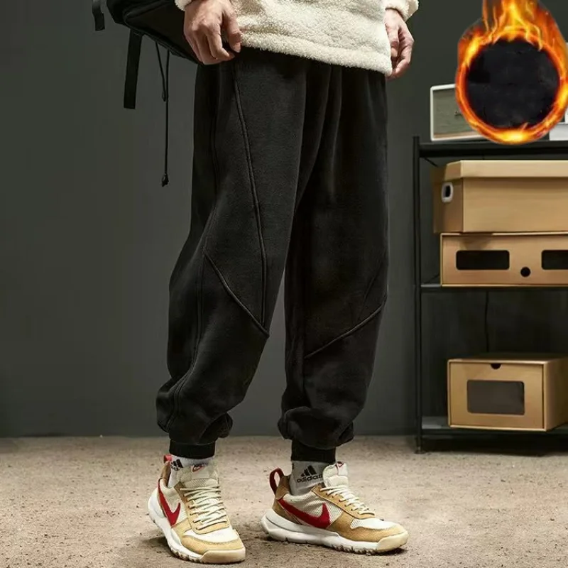 Korean Autumn Winter Fleece Casual Loose Pants Men\'s New Trend Solid Printed Letters Patchwork Pockets Versatile Sports Trousers
