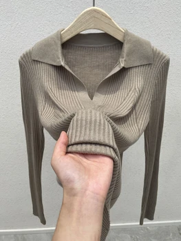 AOSSVIAO موضة بولو طوق البلوز المرأة خريف 2025 كم طويل نحيف أنيق محبوك القمم الصلبة عادية مضلع البلوزات 5