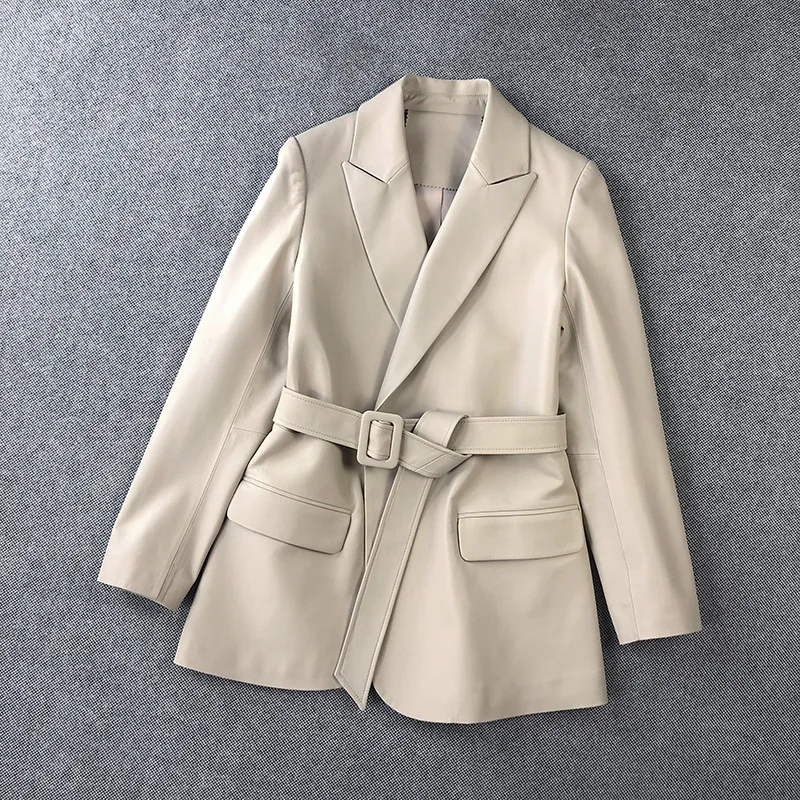

2022 Spring And Autumn New Women Lambskin Suit Belt Leather Jacket Mid-Length Coat E12