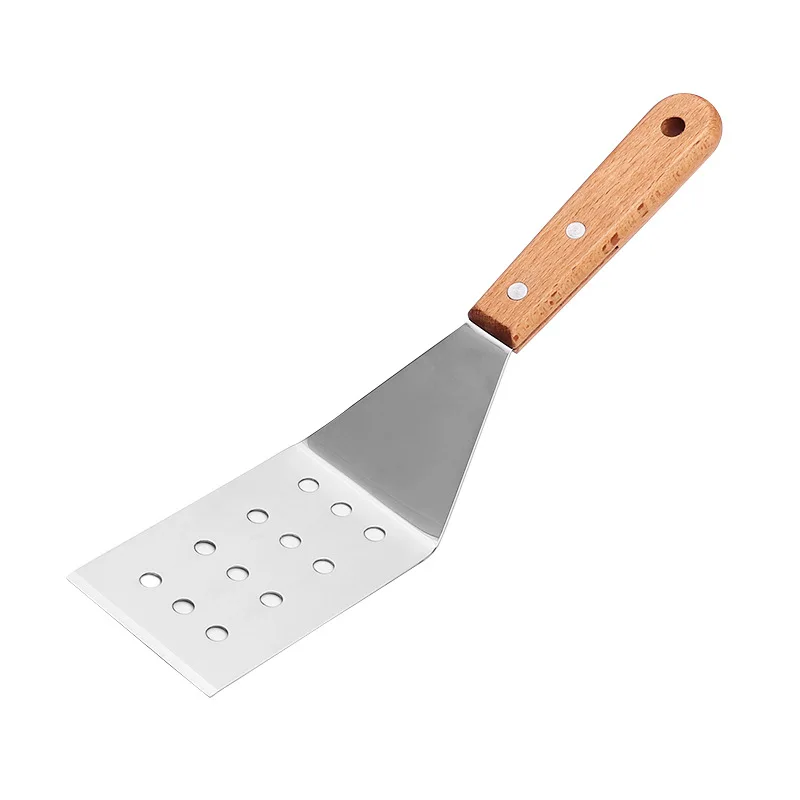 Stainless steel kitchenware beech wood handle frying fish spatula multi-purpose cooking tool baking spatula barbecue cooking