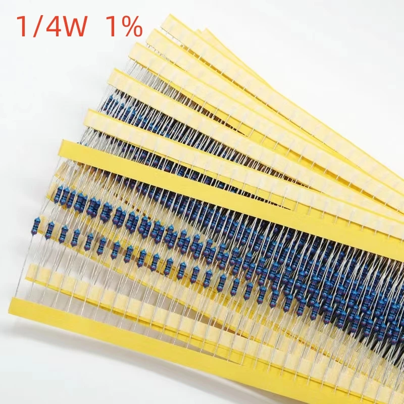 

C 50Pcs/Lot 1/4W 1R~22M 1% Metal film resistor 100R 220R 1K 1.5K 2.2K 4.7K 10K 22K 47K 100K 100 220 1K5 2K2 4K7 ohm resistance