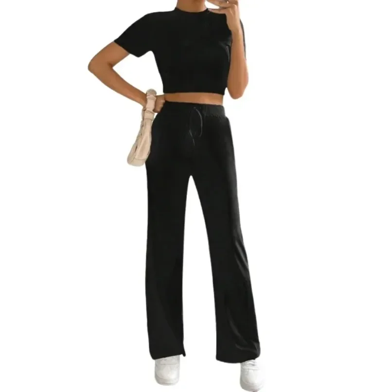 Two Piece Set for Woman Elegant Autumn New Fashion Fit Knitted Short Sleeves Top and High Waist Casual Wide Leg Pants Set YSQ34