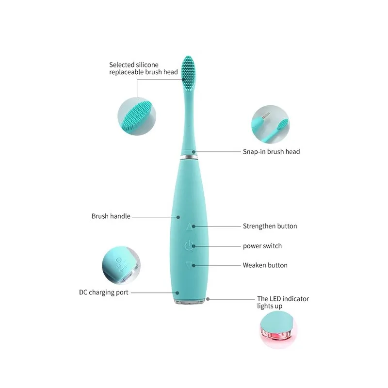 IPX7 silicone toothbrush 2 brush heads 150mAh USB Charging Automatic Vibrate Dental Electrical 2