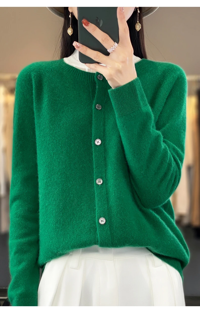 Women 100% Merino Wool Sweater Autumn Winter O-Neck First Line Seamless Cardigan Long Sleeve Clothing Cashmere Knitwear Tops