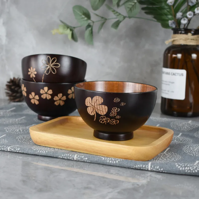 

Japanese Style Solid Wood Creative Printed Wooden Bowl Eating Bowl Wooden Anti-Scald Soup Bowl Japanese Bowl Bowls Ramen Bowl
