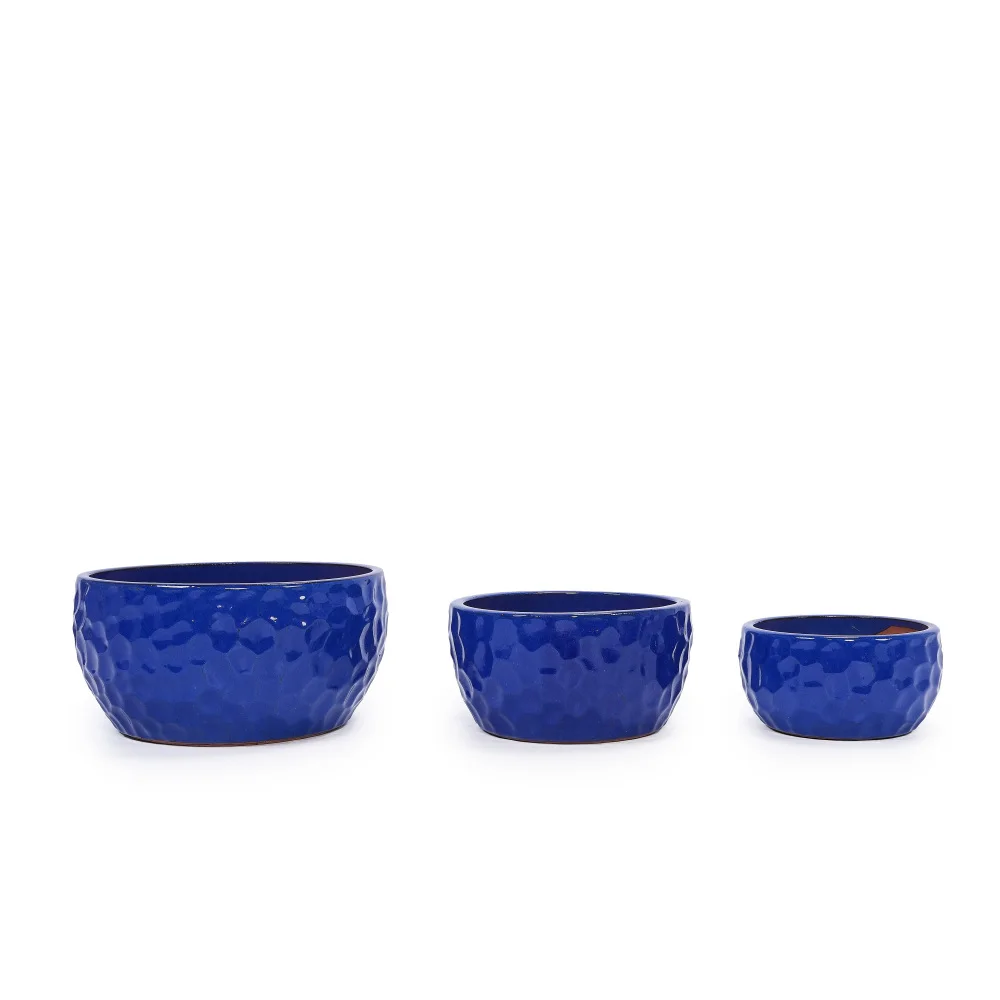 3-teiliges Handgefertigtes Keramik-Pflanzentopf-Set (Ø38,1/30,5/25,4cm) Kobaltblau mit Gehämmerter Textur Atmungsaktiver Blumentopf Heim- und Gartendekoration – Detail 7