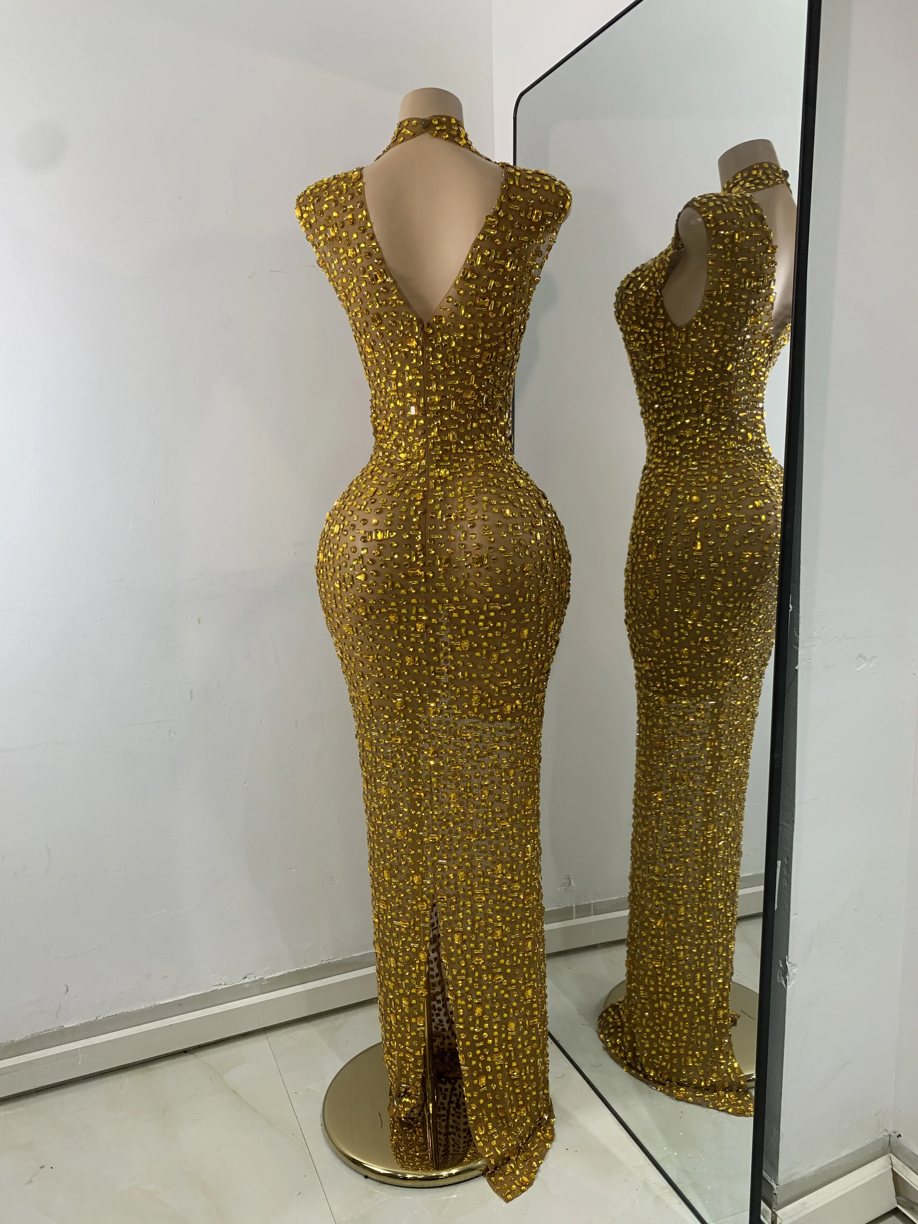 green emerald velvet dress Gold Rhinestones Glitter Yellow Feather Long Train Trumpet Prom Dress main image 0