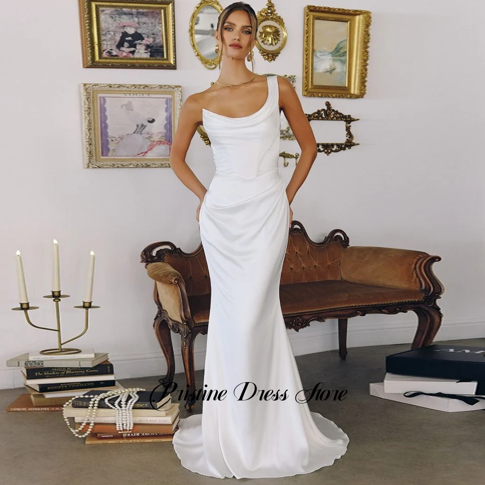 Fashion White Satin Mermaid Wedding Dresses for Women Sexy Backless Scoop Court Train One Shoulder Bridal Gowns Customized - 4
