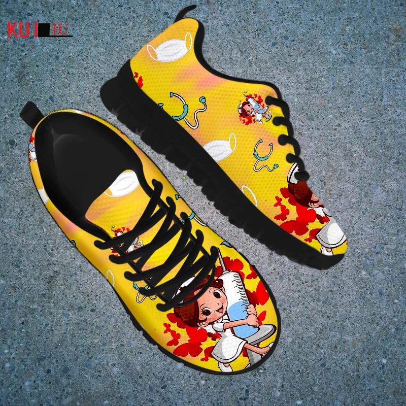 

KUILIU Women Casual Sneaker Shoes Cute Nurse Cartoon Print Famale Lace Up Breathable Mesh Flat Sneakers Shoes Free Shipping