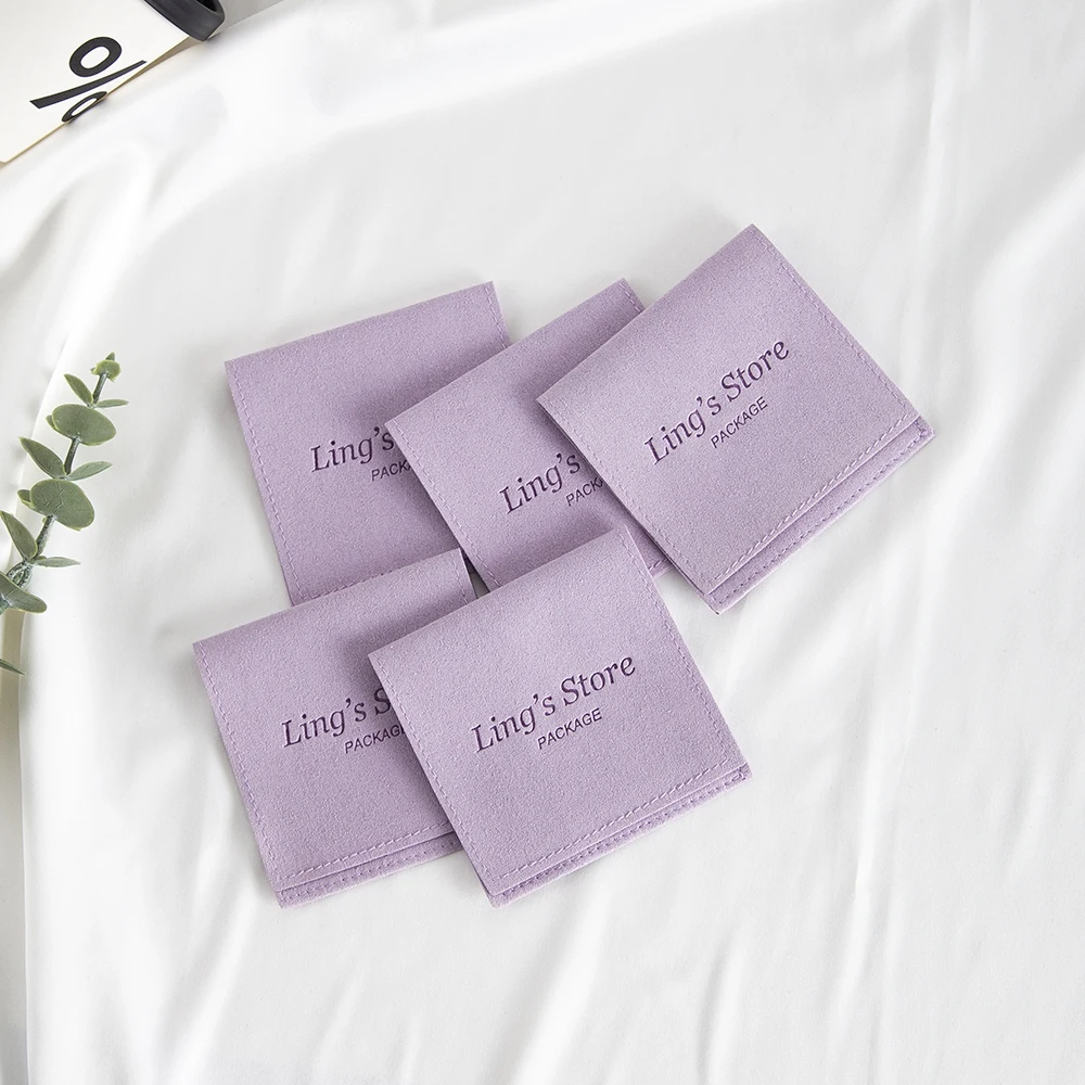 100 Stück violette Schmuckverpackungsbeutel mit individuellem Logo, Mikrofaser-Geschenkumschläge, Reise- und Hochzeitsbeutel, tragbare Taschen, personalisierbar – Detail 4