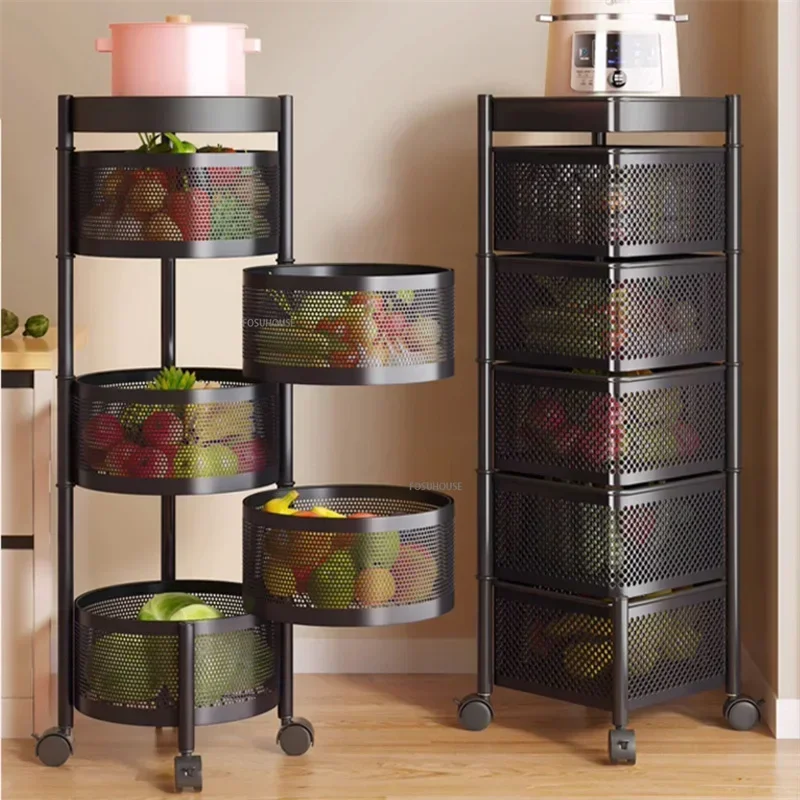 Modern Multi-functional Fruit Vegetable Organizer Cart With Wheels Kitchen Storage Basket Kitchen Cart Rotating Trolleys