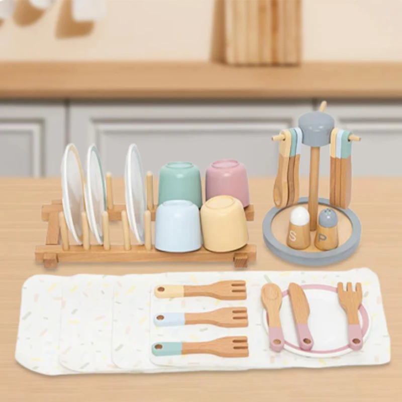 Children Wooden Kitchen Toy Simulation Western Tableware Set Toy Pretend Play House Toys Kids Cooking Girls Birthday Gifts