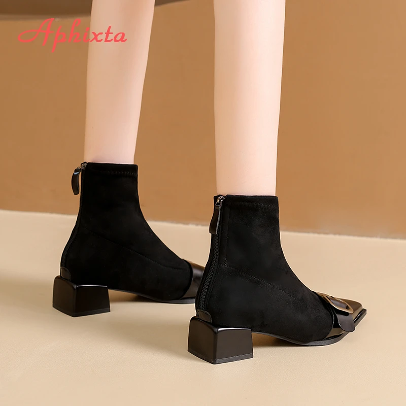 Aphixta Pointed Toe Sexy Women Ankle Boots 4.5cm Med Heels Woman Shoes Square Button Fashion Woman Boots Shoes Size 42 Footwear