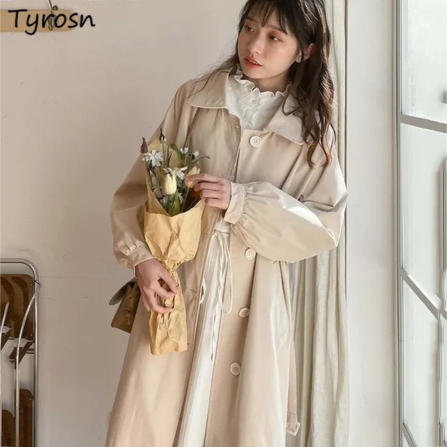 Women Long Trench Coat Sweet Turn Down Collar Single Breasted Clothing Student Casual Korean Gentle Loose