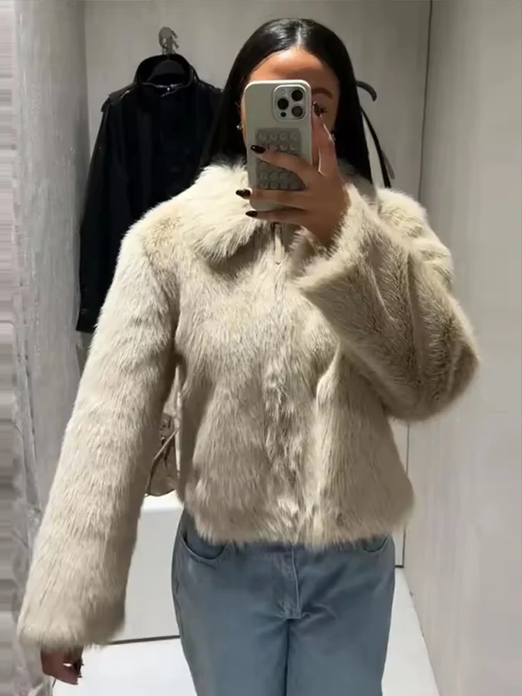 Loose Warm Zipper Faux Fur Jackets For Women Lapel Long Sleeve Pockets Thicken Coats 2025 Autumn Winter Lady Elegant Outwear New