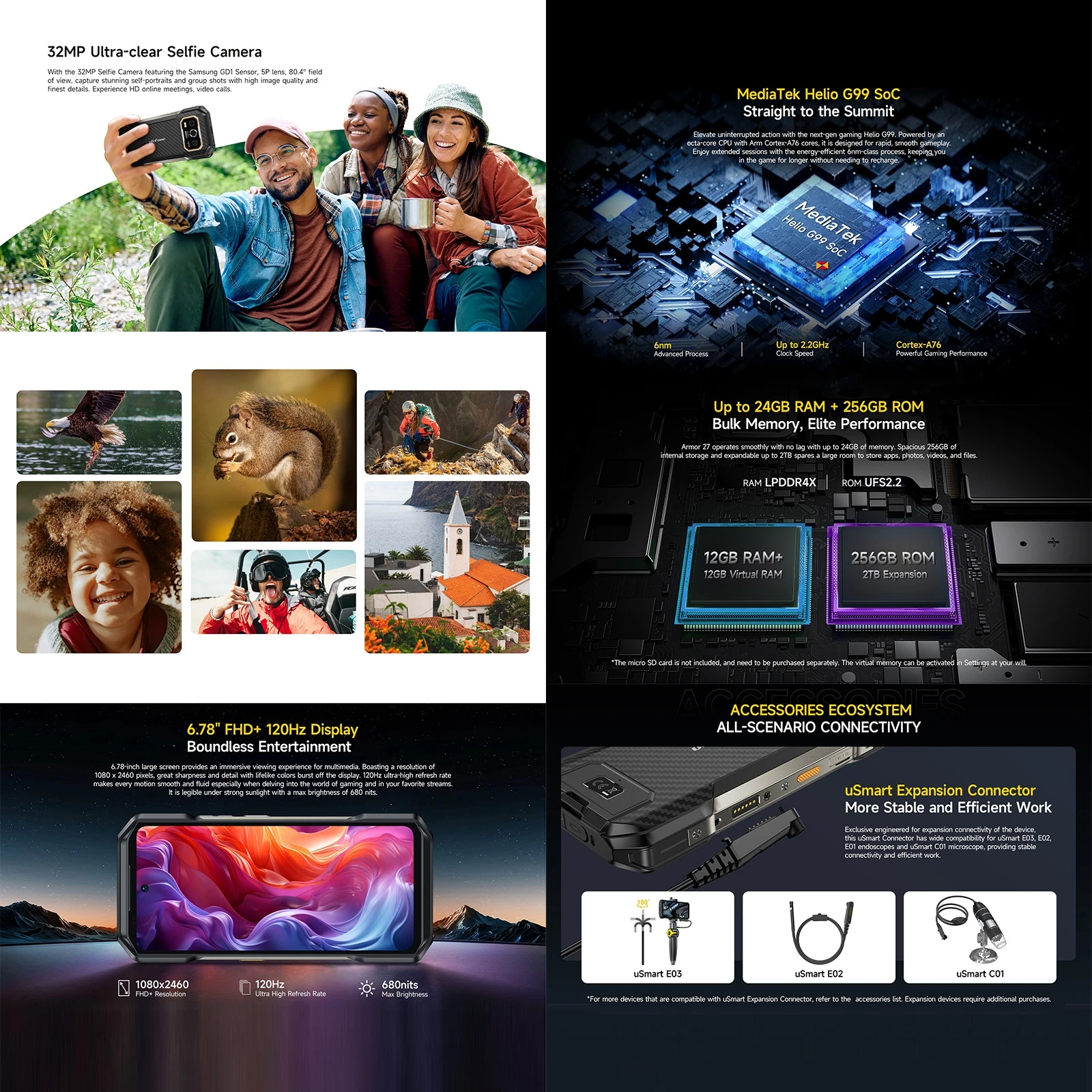 Ulefone Armor 27 Rugged Phone 12GB+256GB MediaTek Helio G99 Octa Core Night Vision 10600mAh 6.78'' Android 14 4G NFC Smartphone