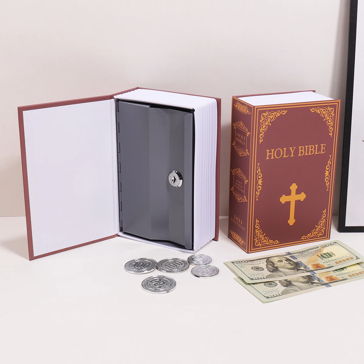 Hucha con forma de libro simulado, caja fuerte con llave, adorno vintage para el hogar, caja fuerte, regalo para ahorrar_voghion.com