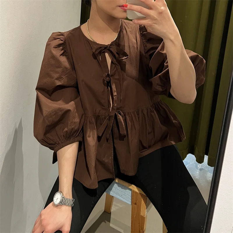 Camisas Y2K para mujer, ropa estética, elegante, color sólido/rayas, manga 3/4, cárdigan con lazo, blusa de los años 2000, ropa de calle