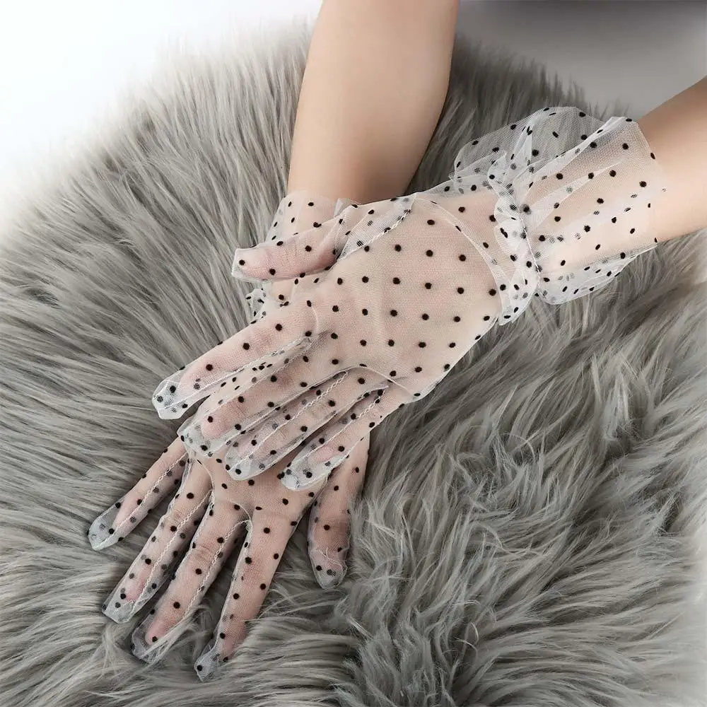 

Elegant Autumn Summer Stretchy Full Finger Lotus Leaf Sheers Korean Style Women Lace Gloves Polka Dot Gloves Lace Gloves