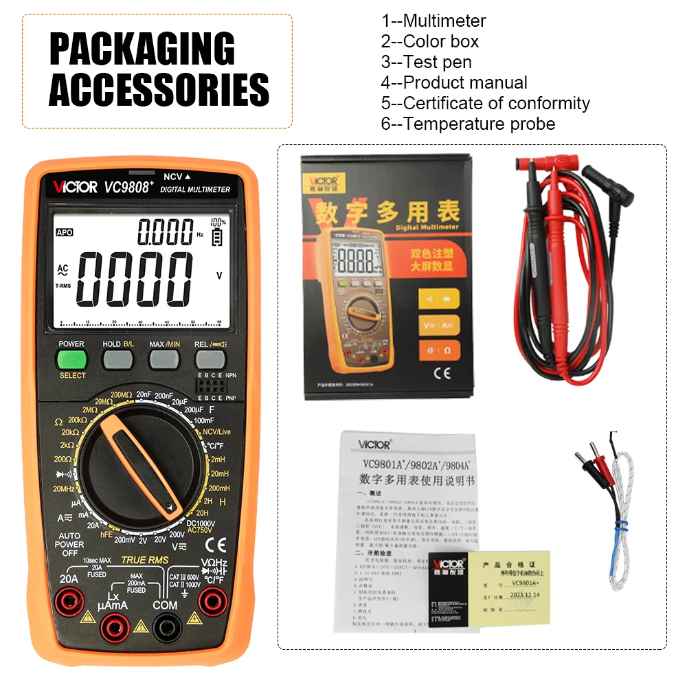 Victor 9808+ High-Precision Digital Multimeter 1999 True RMS
