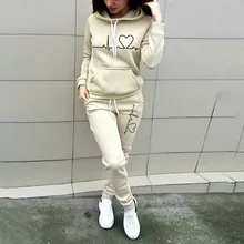 

2022 Spring Autumn Heart Print Long Sleeve Drawstring Hoodie Pullover Tops & Sweatpants Set Casual Daily Two Piece Tracksuits