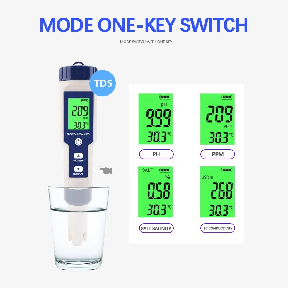 5 in 1 Water Quality Tester Digital TDS/EC/PH/Salinity/Temperature Meter for Pools Aquariums Water Quality Detector