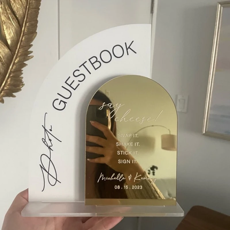 Photo Guestbook Sign Frosted Acrylic Sign Arched Gold Mirrored Sign Wedding Decoration Reception Stationery