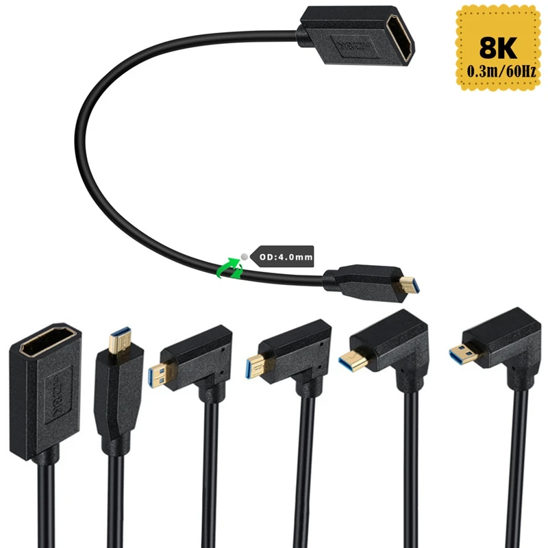 

0,3 м 2,1 в 8K 60 Гц 90 fegree Угол Micro HDMI-совместимый штекер к HDMI-совместимый женский тонкий провод HD od4, 0 мм Удлинительный кабель