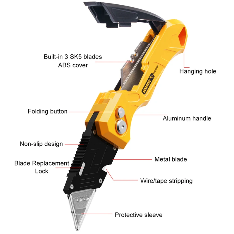 Folding Utility Knife WYNNS Heavy Duty Box Cutter Folding Utility Knife Quick Change Blades SK5 Blades Cutting Tool for Cartons Cardboard Box