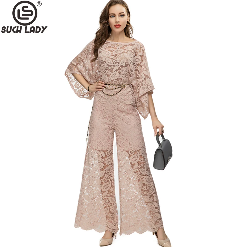 Women's Three Piece Pants Sets O Neck Bat Wing Sleeves Blouse with Wide Leg Pant Fashion Twinsets blouses ruffled keyhole neck blouse in pink size l m s xl