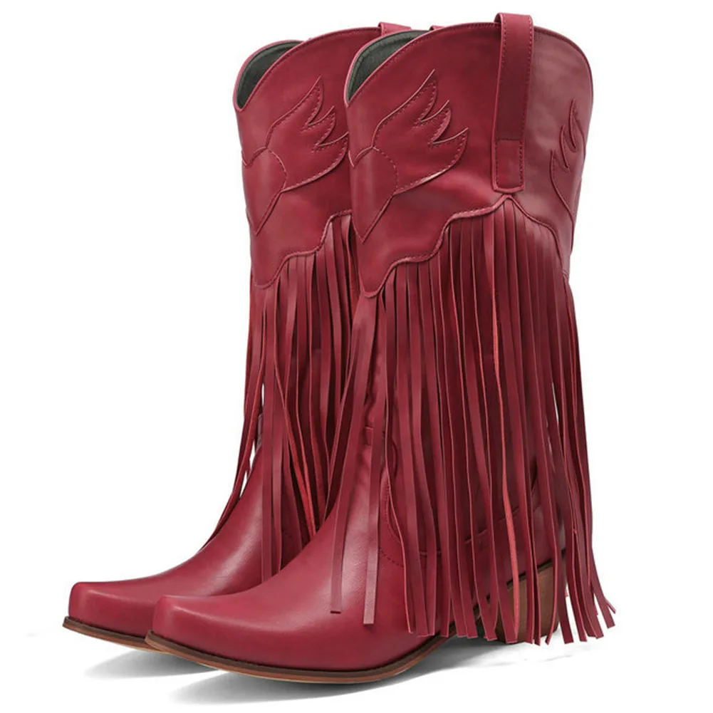 Brand New Ladies Chunky High Heels Western Boots Fashion Sewing Fringe Spring Autumn women's Boots Casual Party Shoes Woman