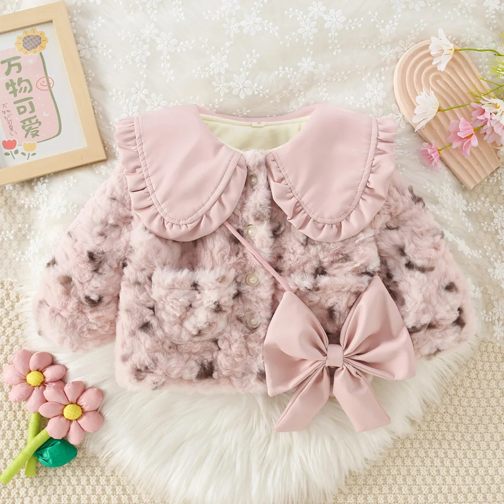 Winter New Girl's Coat Fluffy Sweet Cute Coat + Cross Bow Lace Fold Lapel Warm Thick Padded with Fashion Button