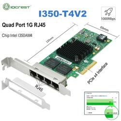 IOCREST I350-T4V2 4 Ports Pci-e X4 Gigabit Ethernet Network Card Quad Rj45 Server Internal Nic 1000mbps For Desktop