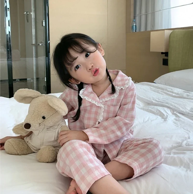 

Girl's Turndown Collar Pink Plaid Pajama Sets Cute Kid Vintage Toddler Kid‘s Pyjamas Set Sleep Loungewear Children’s Clothing