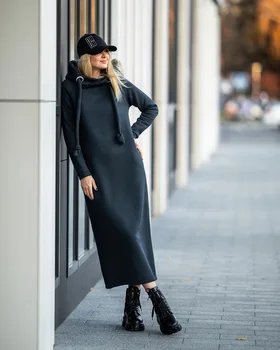 Plus Size Autumn Winter Women Fashion New Loose Large Knitted Hooded Long Dress Velvet Hoodie Casual Dress Splicing Warm Dress