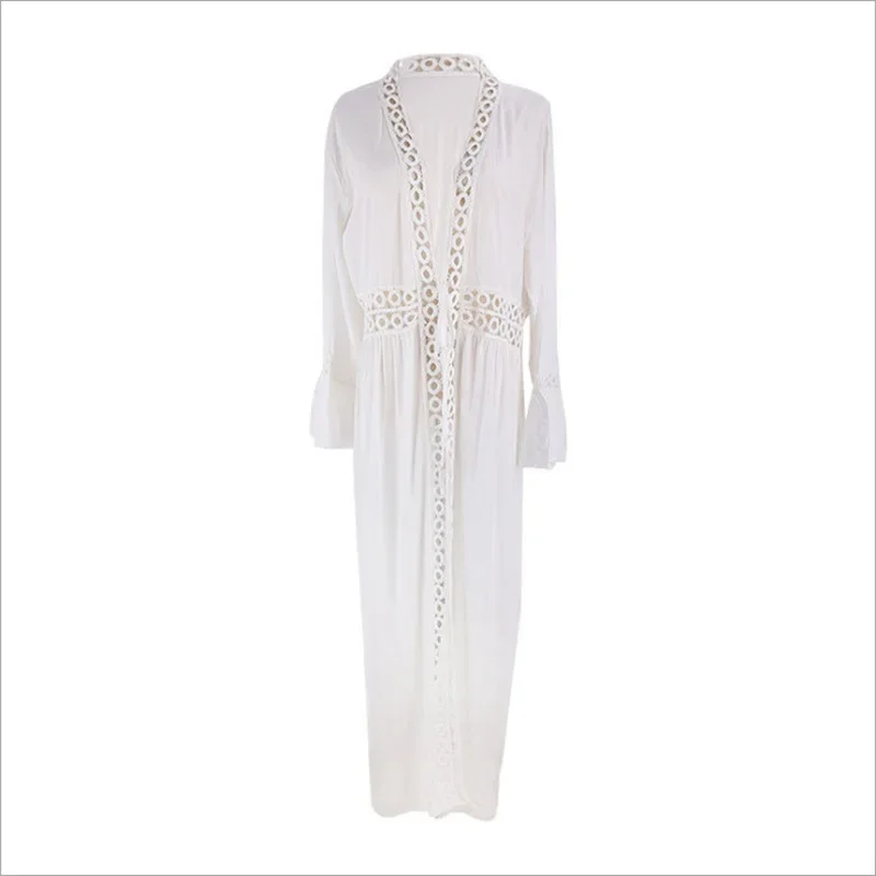 Multiple Circles Lace Beach Dress Bikini Cover Up Dress Women Summer White Boho Solid Colors Cardigan Style Robe Swim Cover Up