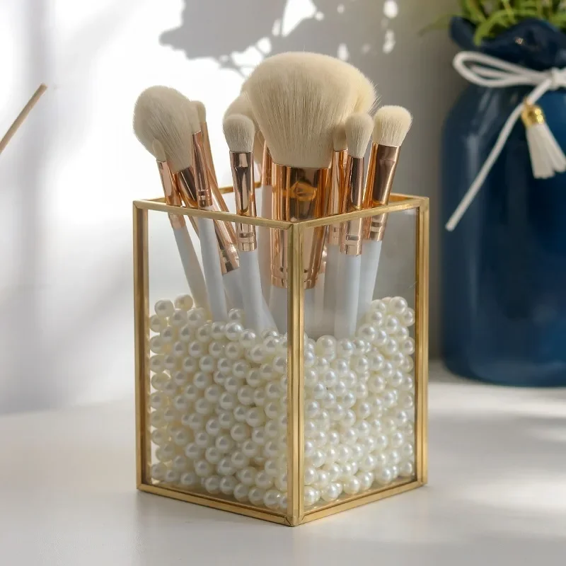Golden Cosmetic Storage Box Desktop Lipstick Finishing Glass Plaid Jewelry Classification Storage Makeup Brush Organizer WF 2