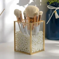 Golden Cosmetic Storage Box Desktop Lipstick Finishing Glass Plaid Jewelry Classification Storage Makeup Brush Organizer WF 2