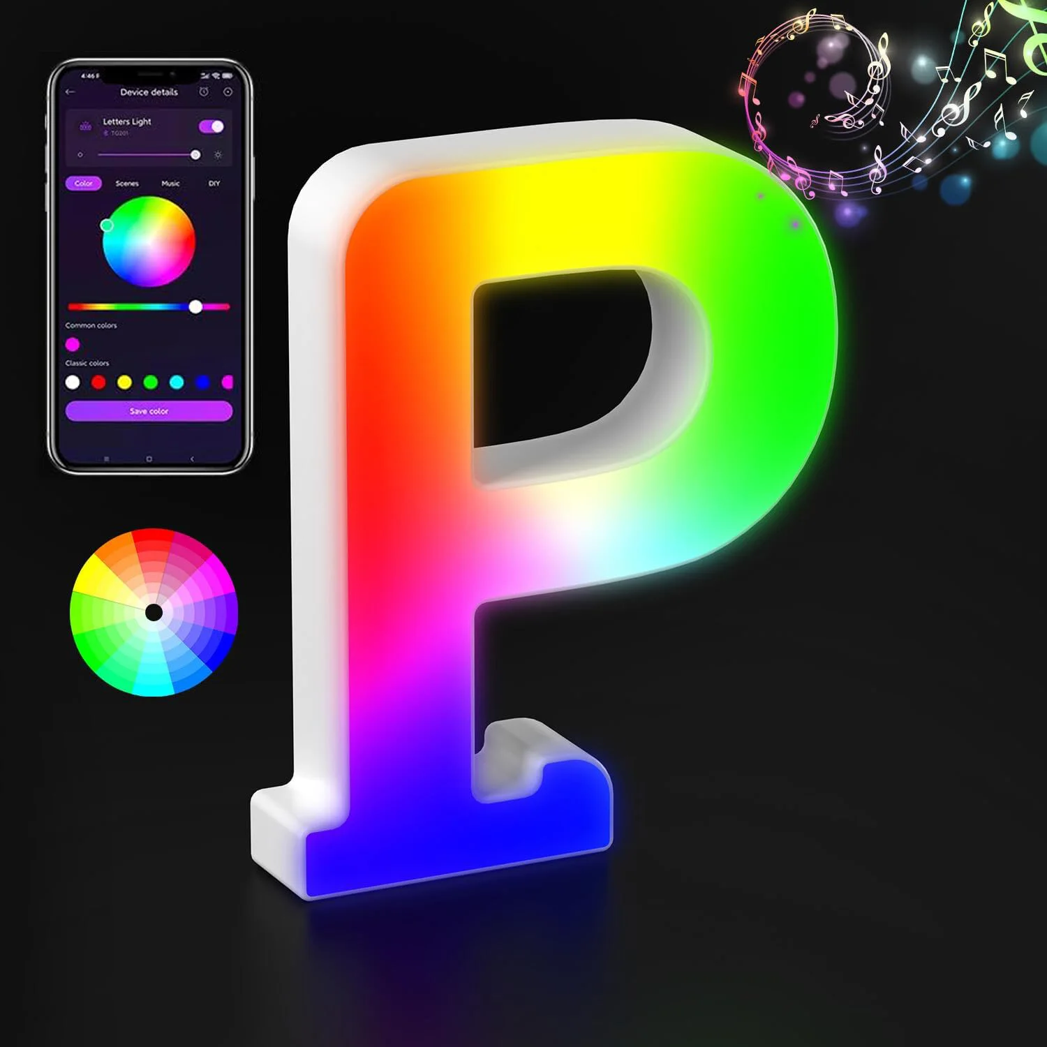 Illuminated Glitter Alphabet LED Light with Color-Changing and Music Sync Features