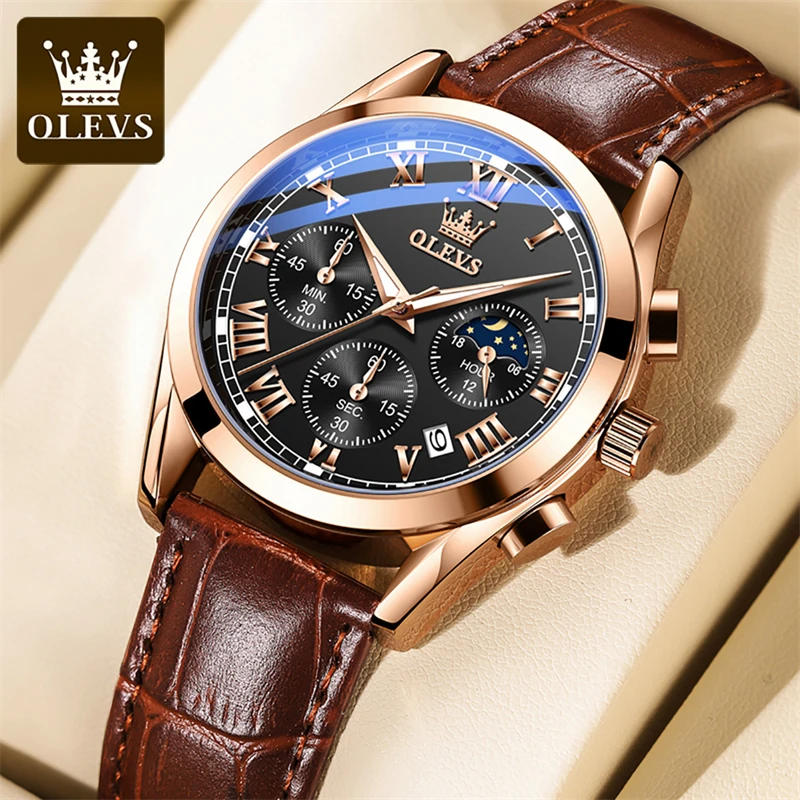 OLEVS Brand Business Mens Quartz Watch Fashion Leather Strap Sports Waterproof Chronograph Watches for Men Relogio Masculino